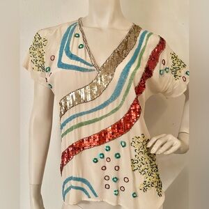 Vtg ARGENTINI silk sequin blouse top sz SMALL MEDIUM *party glam